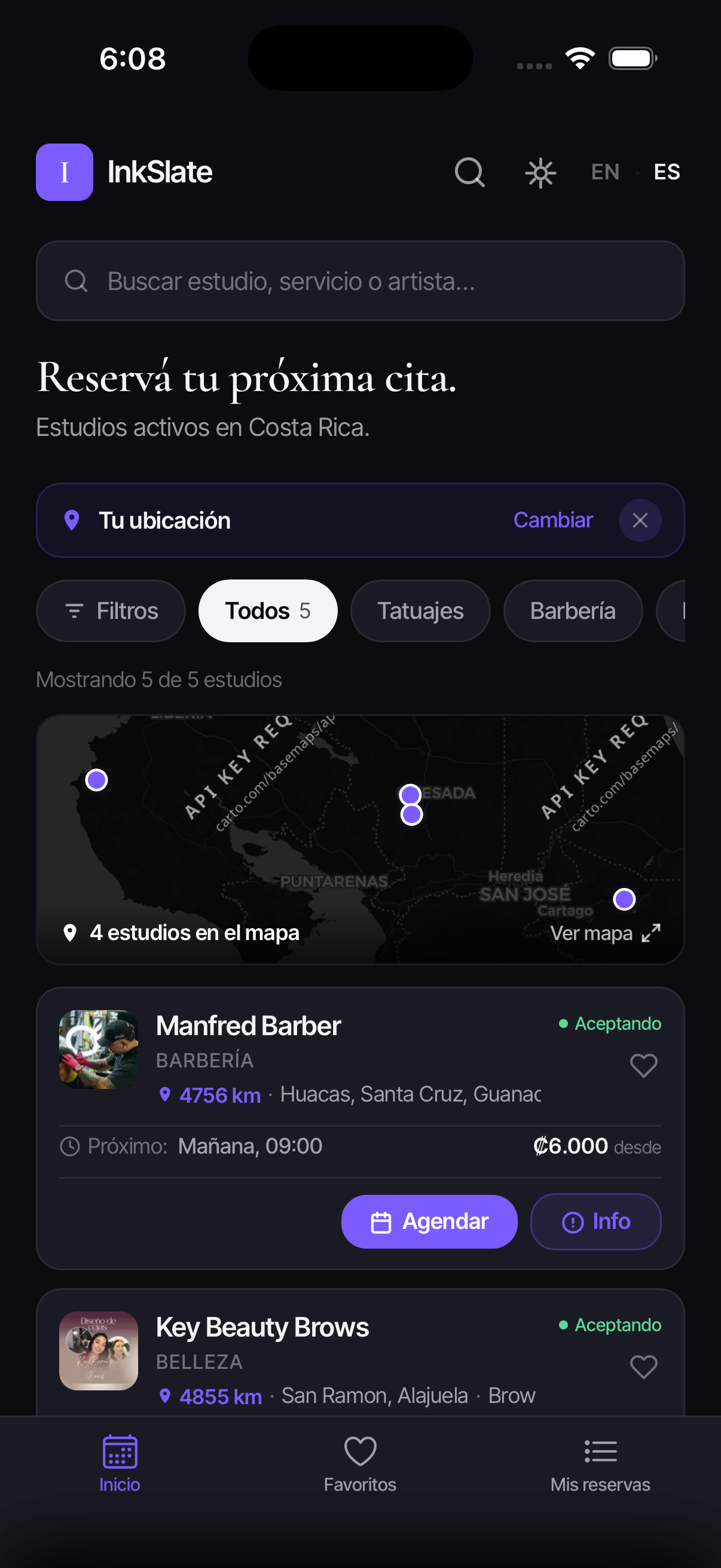 InkSlate directory with active barbershop and beauty studios in Costa Rica, a map and filters by business type